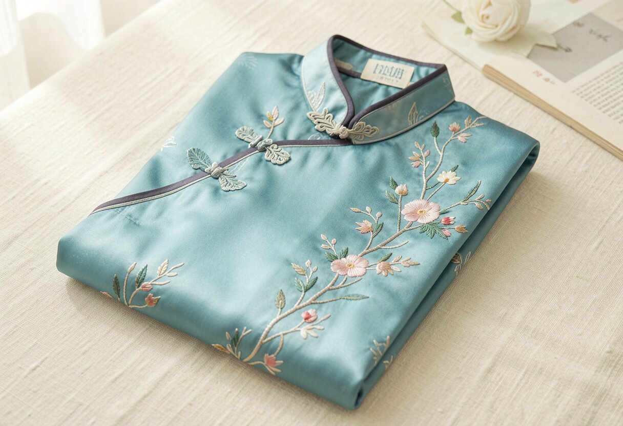 A neatly folded or carefully hung cheongsam in a clean, minimal setting — ideally silk or embroidered fabric visible. Could show a garment bag, padded hanger, or a cheongsam laid flat. Conveys care, elegance, and thoughtful dressing.
